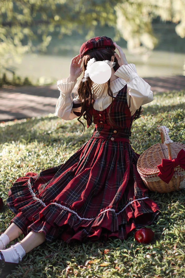 Red [Little Red Riding Hood] Double-Layered Plaid Print Ruffle Bowknot Sweet Vintage Lolita Jumper Dress - Product - 12