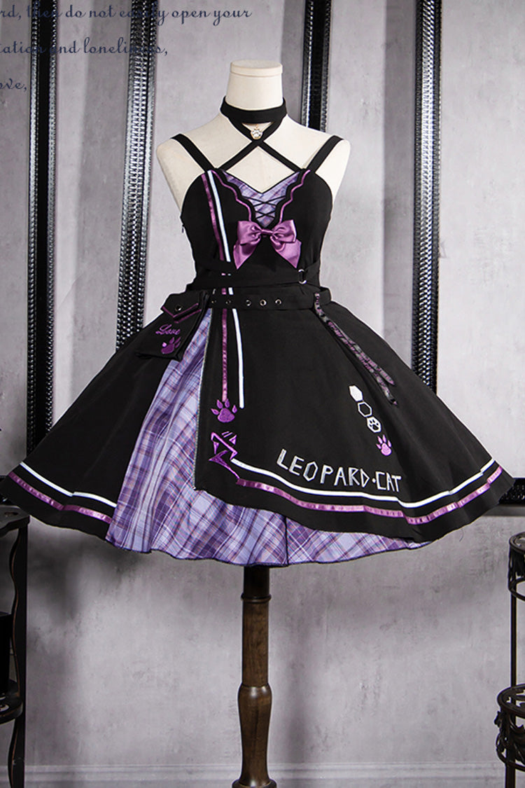 Black/Purple Cat Paw Print Bowknot Gothic Lolita Jsk Dress Set - Product - 3