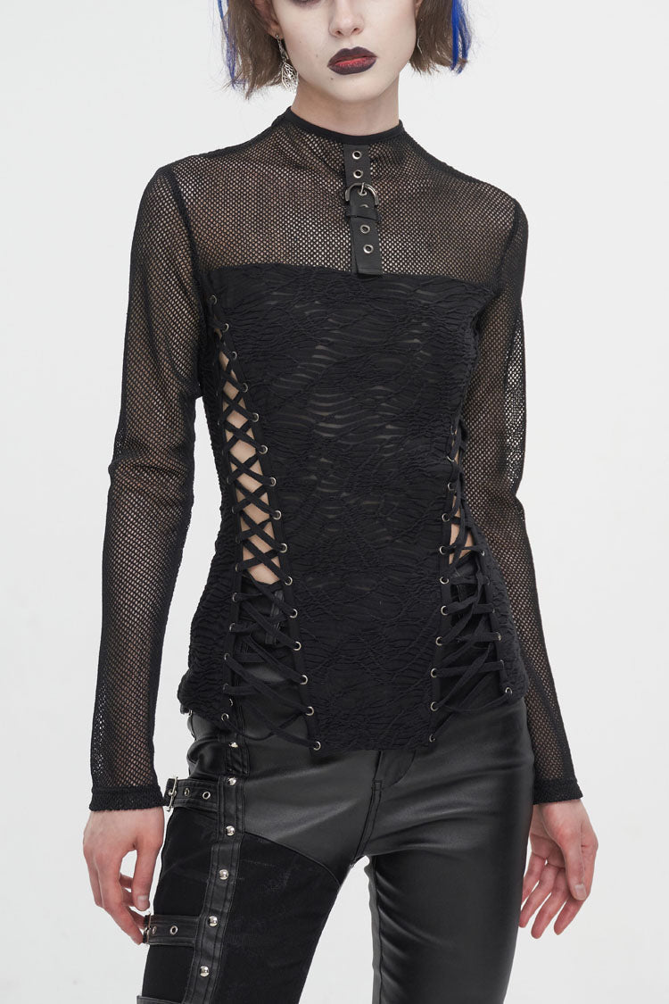 Black Strappy Mesh Splice Ruched Women's Punk Shirt - Black - 1
