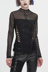 Black Strappy Mesh Splice Ruched Women's Punk Shirt - Black - 1