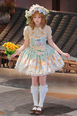 Green [Pineapple Cat] Print Sleeveless Bowknot Lace Sweet Lolita Strap Dress - Product - 5