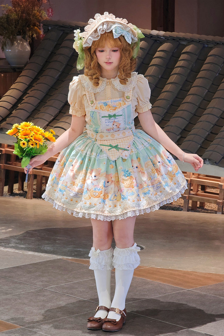 Green [Pineapple Cat] Print Sleeveless Bowknot Lace Sweet Lolita Strap Dress - Product - 5