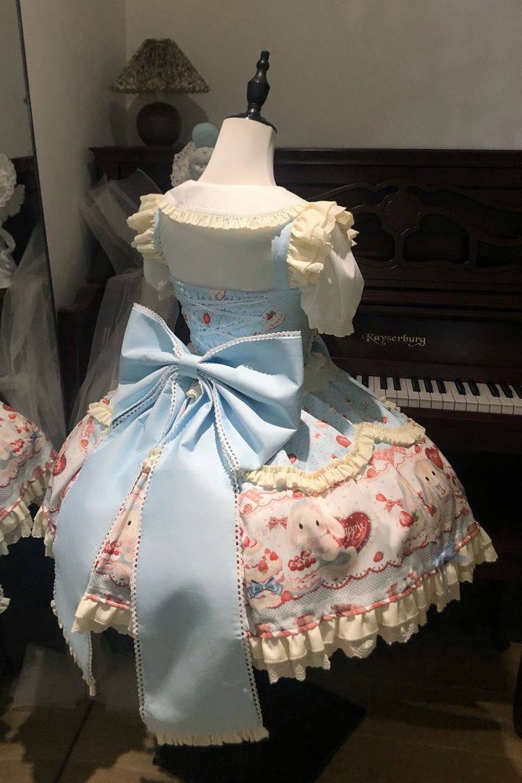 Blue [Cute Rabbit Party] Sleeveless Double-Layered Printed Ruffled Bow Sweet Lolita Jsk Dress - Product - 9
