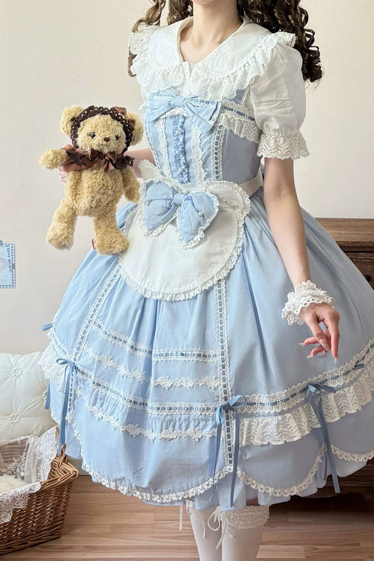 Blue [Petal Bunny] Cotton Sleeveless Ruffled Bow Lace Sweet Elegant Lolita Jsk Dress - Product - 5