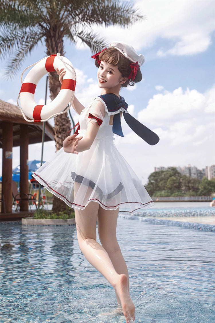 White/Blue/Red Bowknot Short Sleeves Navy Cute Sweet Lolita One Piece Swimsuit - Product - 8