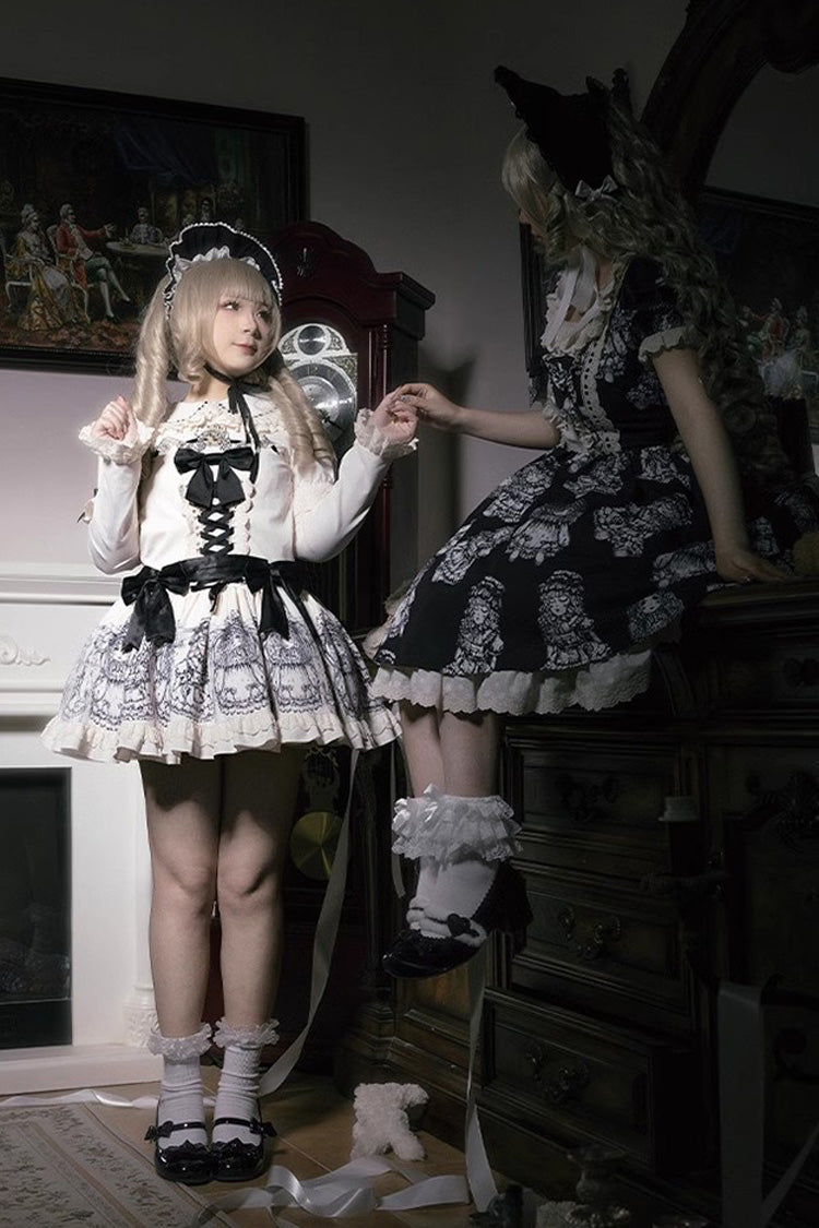 Doll Night Short Sleeves Print Ruffle Embroidery Bowknot Gothic Lolita Dress 2 Colors - Product - 8