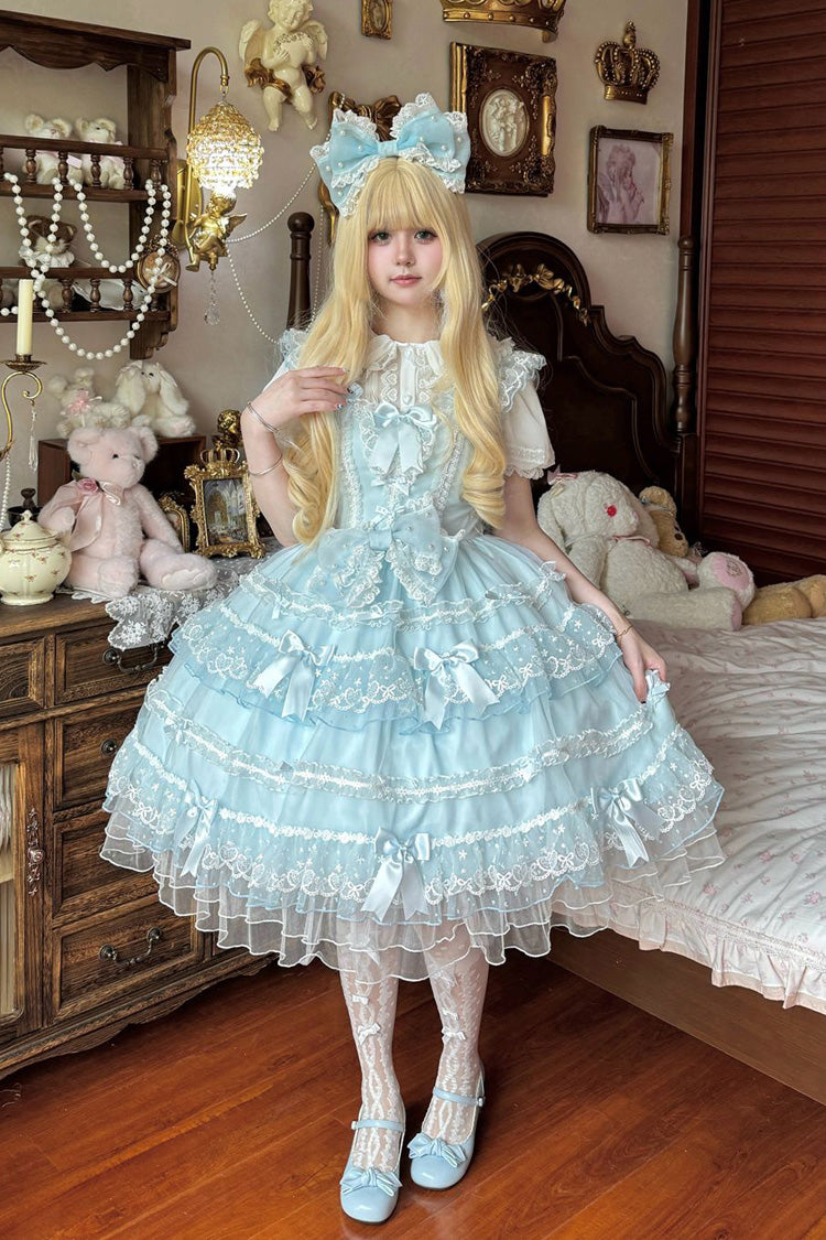 Blue [Lotus Butterfly Heart] Multi-Layered Ruffle Hanayome Bowknot Lace Sweet Lolita Jsk Dress - Blue - 1