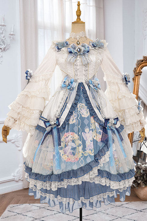 Blue/White Three Dimensional Flower Embroidery Hanayome Long Sleeves Bowknot Multi-Layer Ruffled Sweet Lolita OP Dress - Product - 6