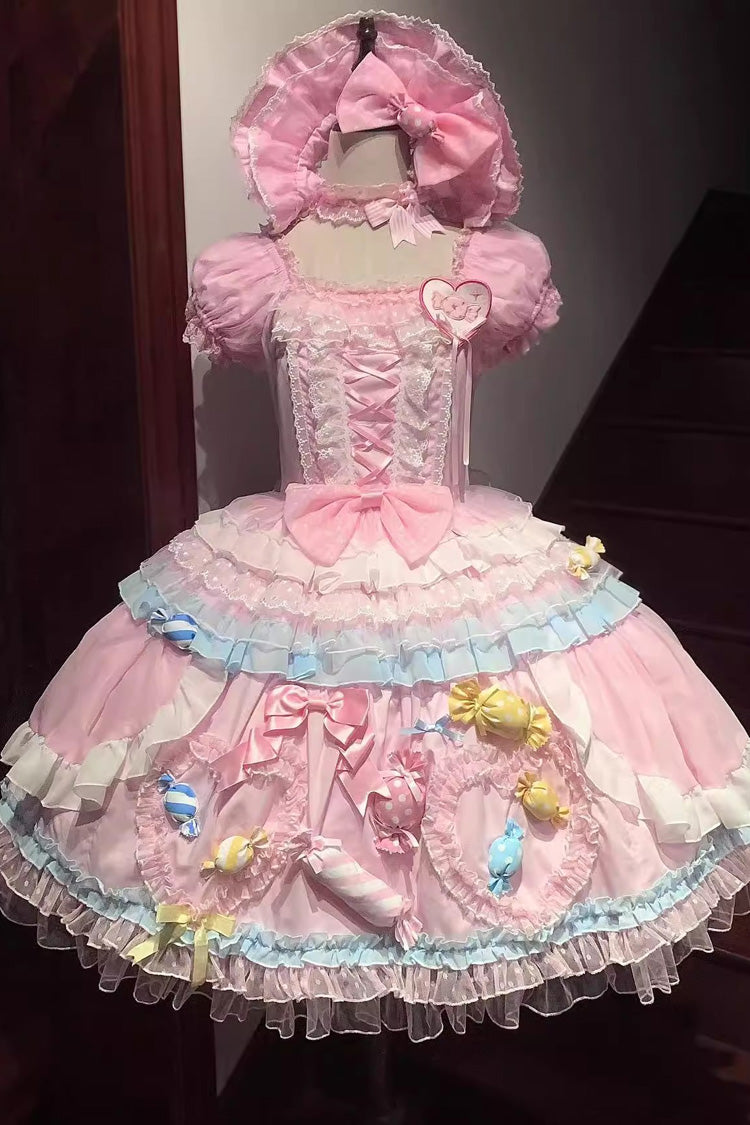 Pink [Candy Party] Short Sleeves Multi-Layered Ruffled Bow Lace Lace-Up Sweet Lolita Dress - Product - 8