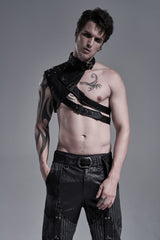 Black Stand Collar Sleeveless Irregular Asymmetric Studded Chain-Decorated Men's Gothic Handsome Cool Shoulder Harnesses - Black - 1