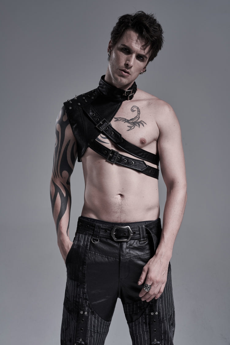Black Stand Collar Sleeveless Irregular Asymmetric Studded Chain-Decorated Men's Gothic Handsome Cool Shoulder Harnesses - Black - 1