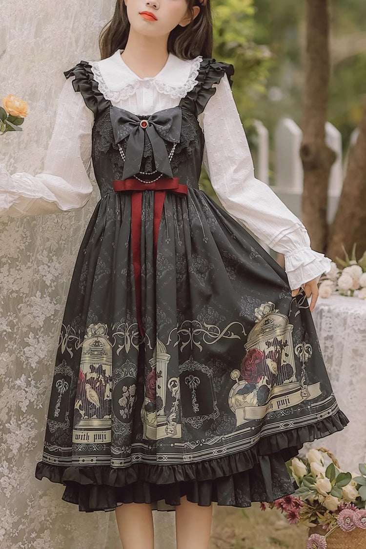 Black Birdcage Rose Print Ruffle Bowknot Gothic Princess Lolita Dress - Product - 2