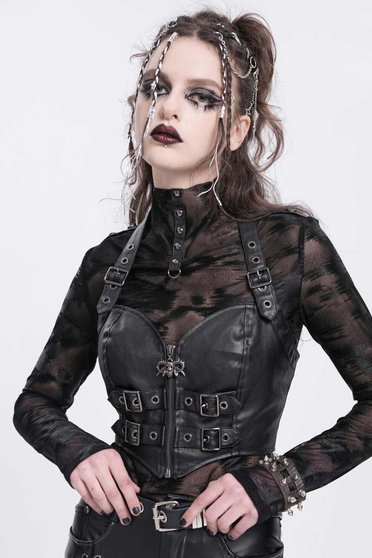 Black Halterneck Buckle Women's Punk Overbust Corset - Product - 3