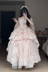 Pink Boat Neck Ruffled Bow Sweet Princess Lolita Dress - Product - 11