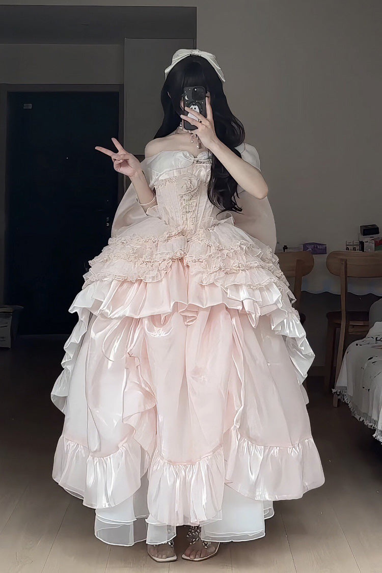 Pink Boat Neck Ruffled Bow Sweet Princess Lolita Dress - Product - 11