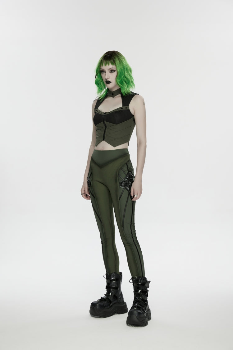 Black/Green Slim Women's Armor-Accentuated Paneled Punk Leggings - Product - 5