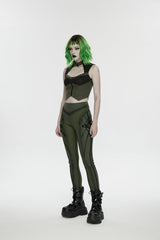 Black/Green Slim Women's Armor-Accentuated Paneled Punk Leggings - Product - 5