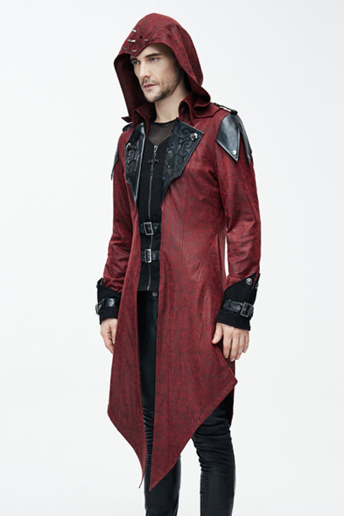 Punk Handsome Red Hooded Leather Long Mens Coats - Product - 2