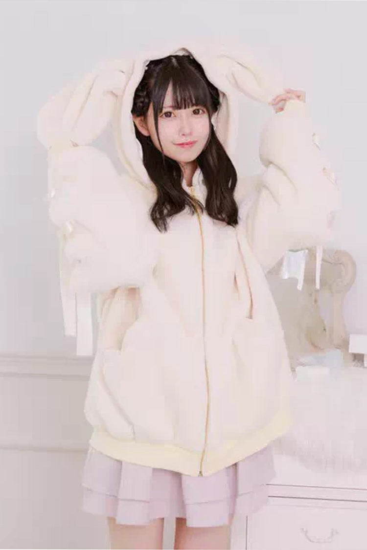 Black Rabbit Ears Long Sleeves Bowknot Lace-Up Hooded Jirai Kei Coat - White - 10