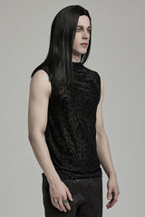 Black Sleeveless Beaded Cross Flocking Print Men's Gothic Tank Top - Product - 2
