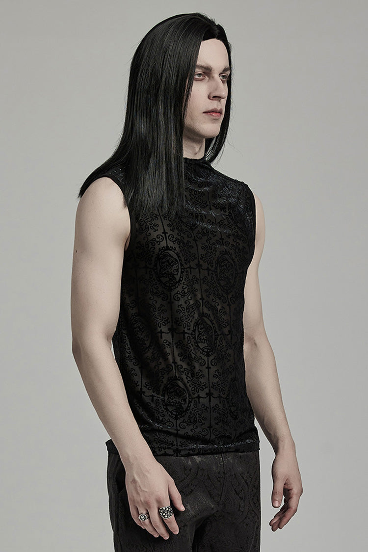Black Sleeveless Beaded Cross Flocking Print Men's Gothic Tank Top - Product - 2