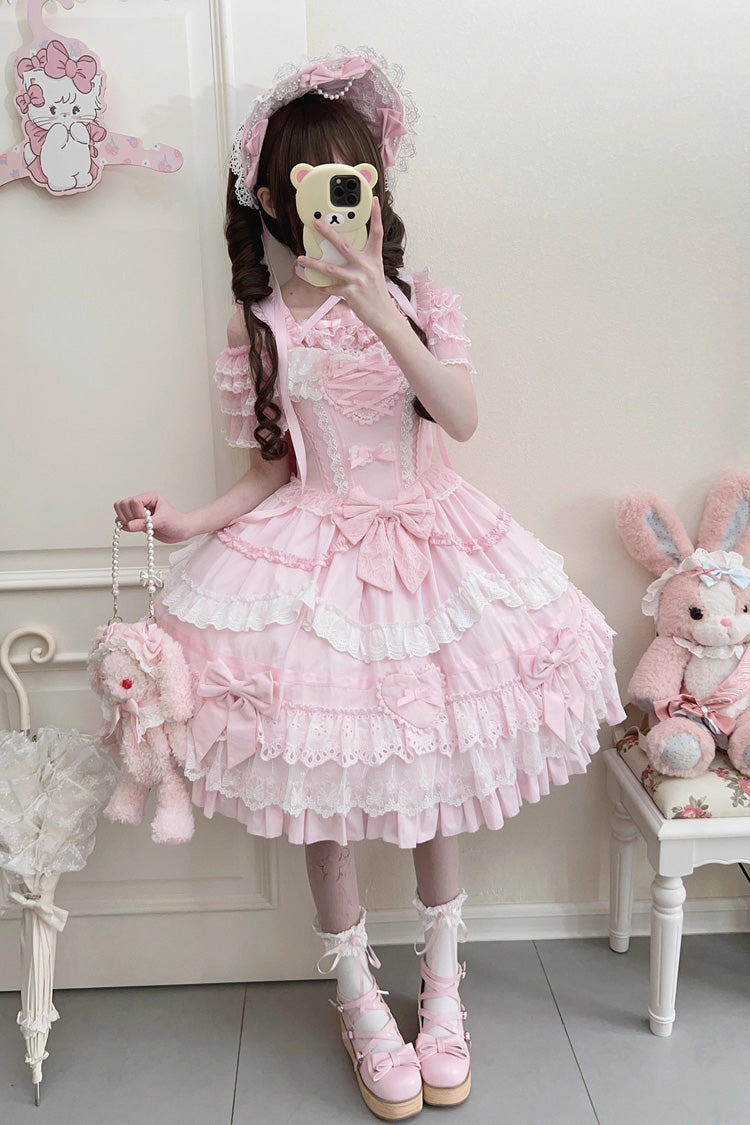 Pink [Super Cute Belia] Sleeveless Triple-Layered Ruffle Bowknot Lace Sweet Elegant Lolita Jsk Dress - Product - 6