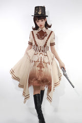 Brown Short Sleeves Libra Print Punk Vintage Lolita Dress - Brown - 1