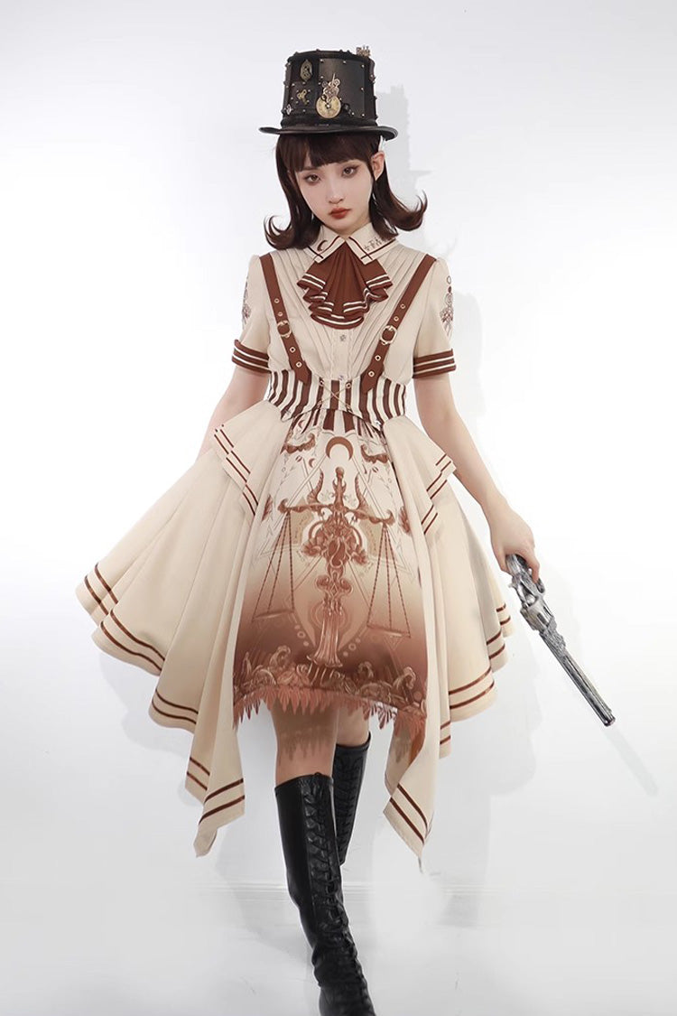 Brown Short Sleeves Libra Print Punk Vintage Lolita Dress - Brown - 1