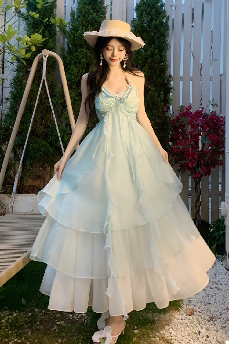 Mint Green [Dreaming About The Sea] Sleeveless Triple-Layered Ruffle Lace-Up Sweet Lolita Jsk Dress - Green - 1