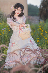 Pink Stand Collar Short Sleeves Ruffled Embroidered Lace Sweet Chinese Inspired Lolita Dress - Product - 10
