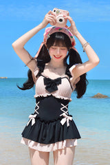 Black/Pink Ruffle Bowknot Lace-Up Sweet Lolita One-piece Swimsuit - Product - 3