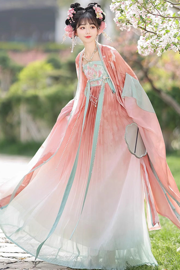 Pink Long Sleeves Print Embroidery Sweet Hanfu Full Set - Product - 5