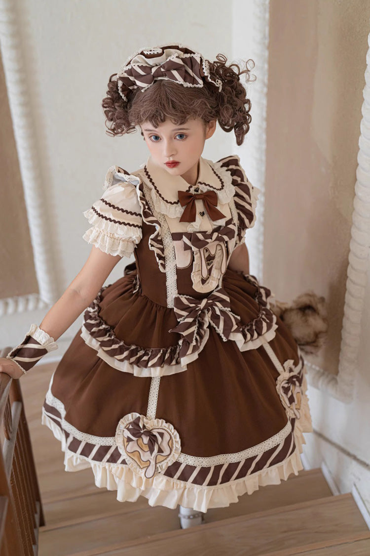 Brown Short Sleeves Print Ruffle Bowknot Sweet Princess Lolita Jsk Dress Set - Product - 6