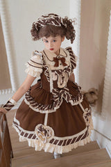 Brown Short Sleeves Print Ruffle Bowknot Sweet Princess Lolita Jsk Dress Set - Product - 6