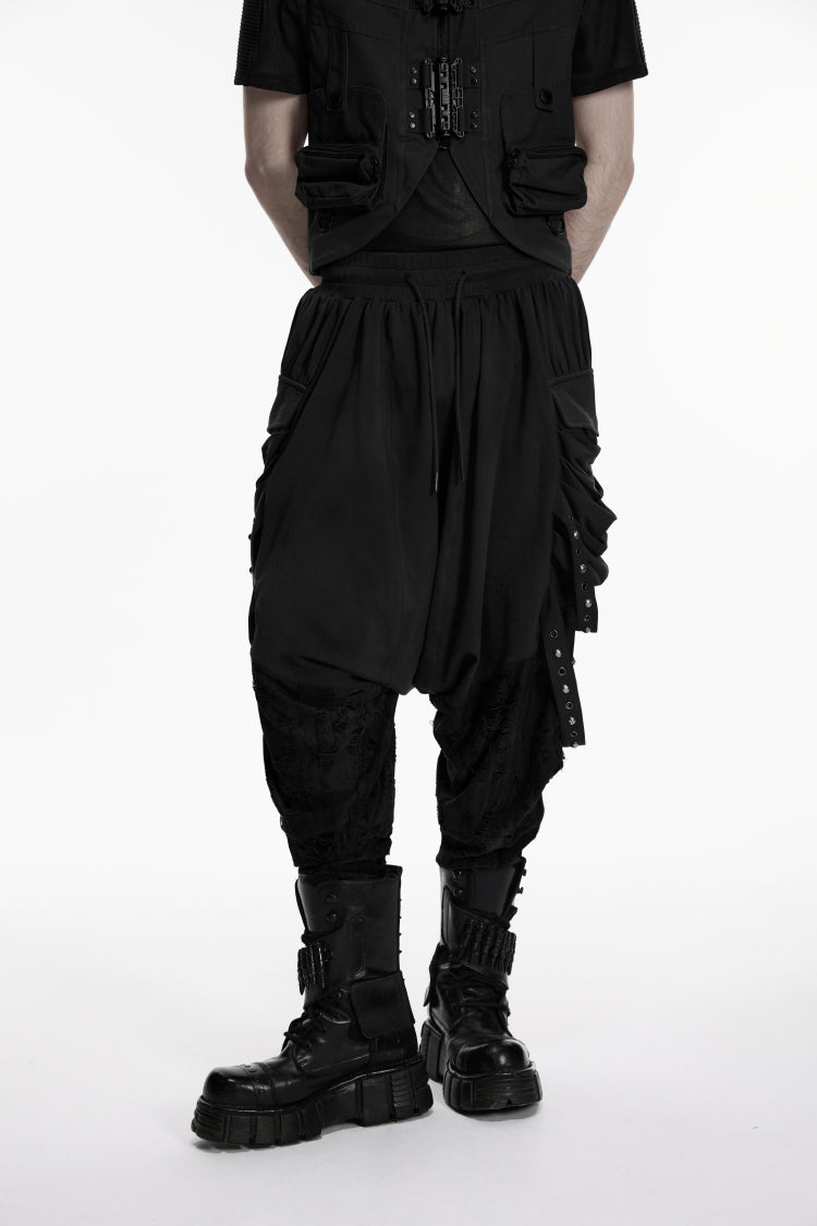 Black Studded Pleated Eyelet Men's Punk Handsome Cool Pants - Product - 5