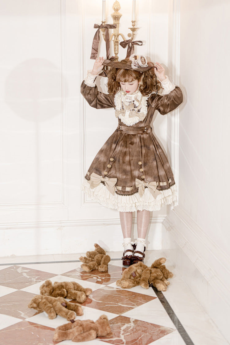 Brown [Chocolate Cat] Print Long Sleeves Ruffle Bowknot Sweet Lolita Dress - Product - 7