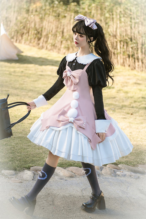 Cute Girl Doll Collar Hair Ball Christmas Princess Sweet Lolita JSK Dress Full Set - Pink/Black - 10