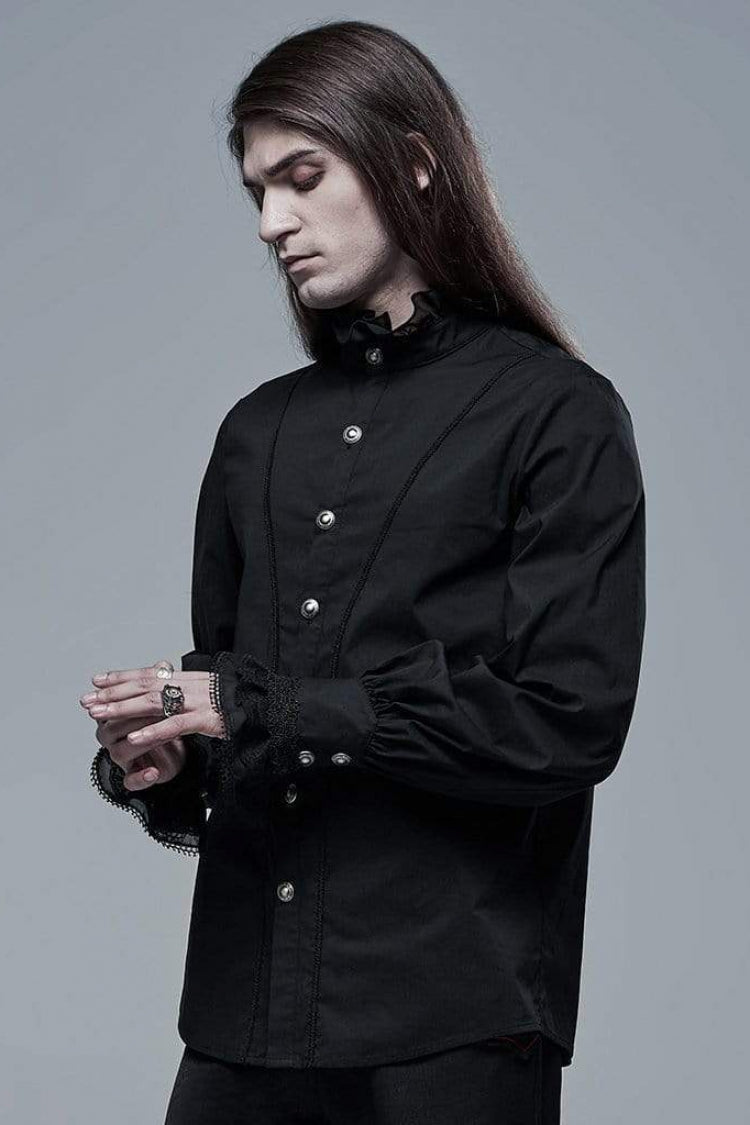 Black Stand Collar Long Sleeves Metal Button Lace Mens Gothic Blouse - Product - 2