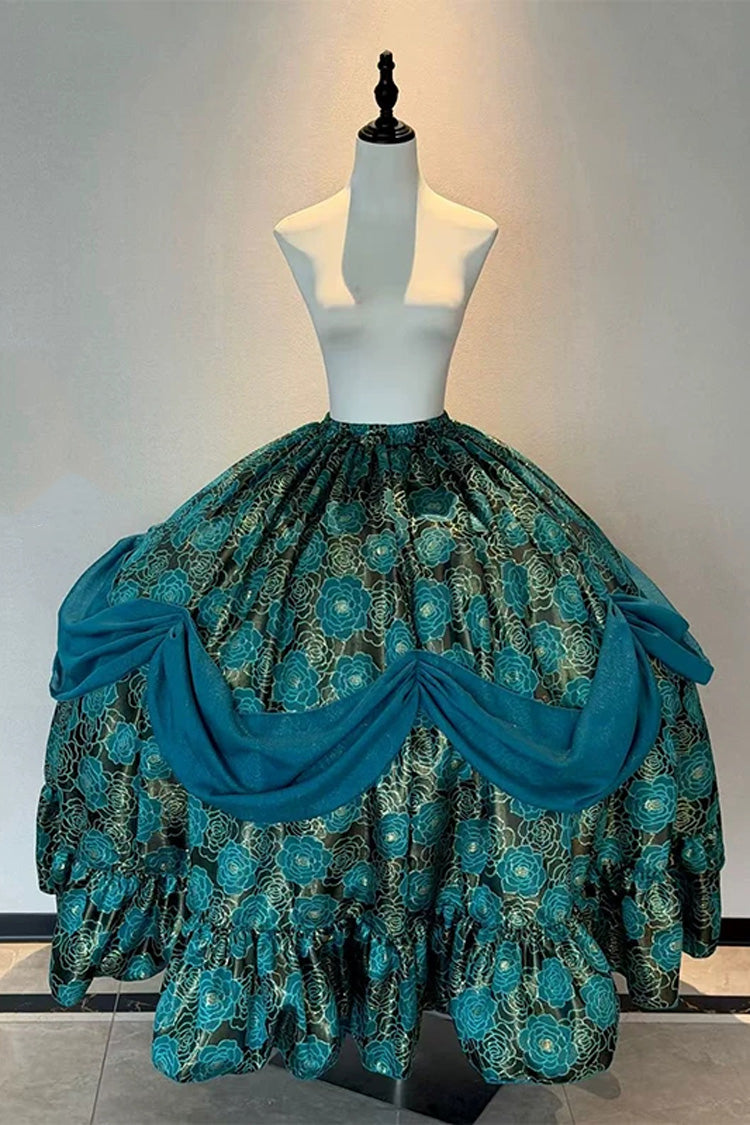Blue/Green [Peacock Spirit Princess] Sleeveless Multi-Layered Ruffled Bow Lace-Up Classic Elegant Lolita Jsk Dress - Skirt(Only) - 12