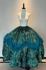 Blue/Green [Peacock Spirit Princess] Sleeveless Multi-Layered Ruffled Bow Lace-Up Classic Elegant Lolita Jsk Dress - Skirt(Only) - 12