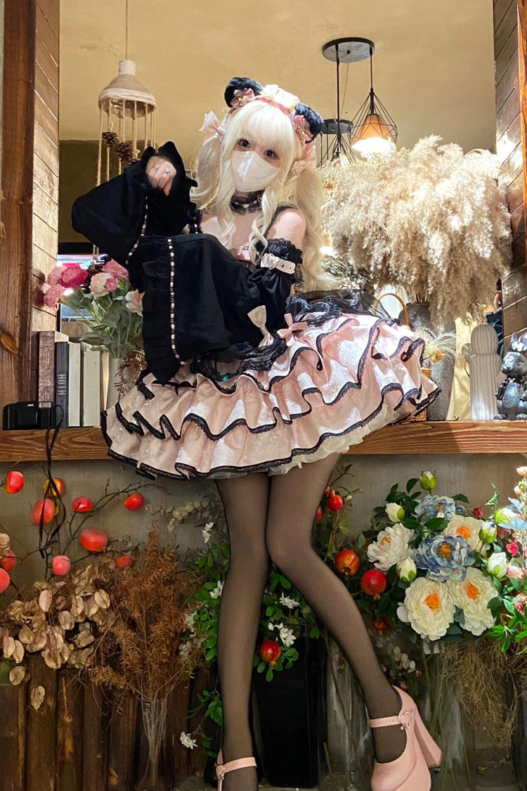 Black/Pink Sleeveless Multi-layer Ruffle Bowknot Lace-Up Gothic Princess Lolita Jsk Dress - Product - 4