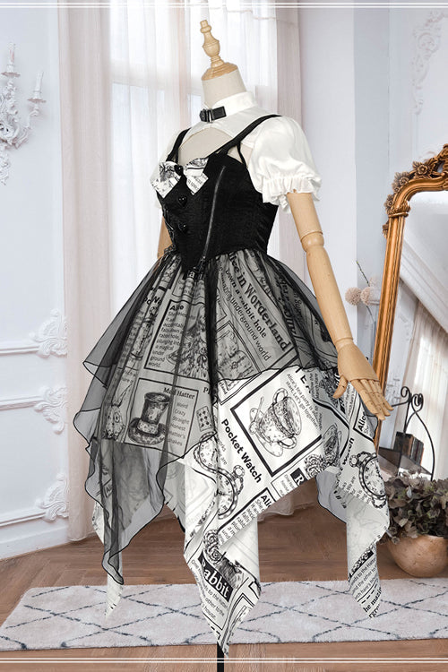Black Fake Two Pieces Vintage Printed Irregular Hem Classic Lolita Dress - Product - 7