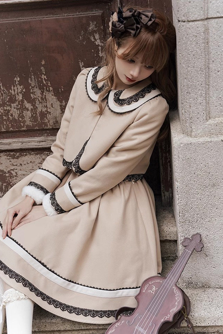Light Tan Doll Collar Bowknot Autumn Winter Sweet College Style Lolita Dress Two Piece Set - Product - 7
