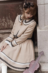 Light Tan Doll Collar Bowknot Autumn Winter Sweet College Style Lolita Dress Two Piece Set - Product - 7