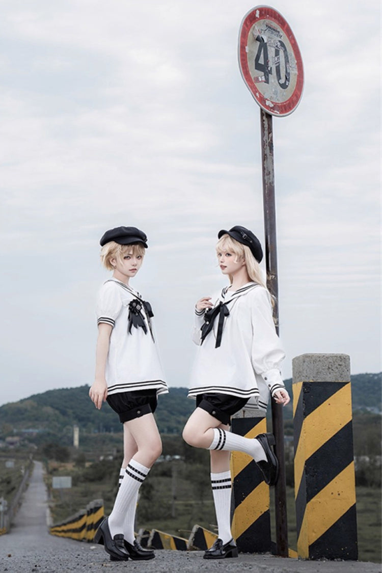 Black/White [Old Stories] Navy Collar Long Sleeves Bowknot Ouji Gothic Lolita Blouse Shorts Set - Product - 10