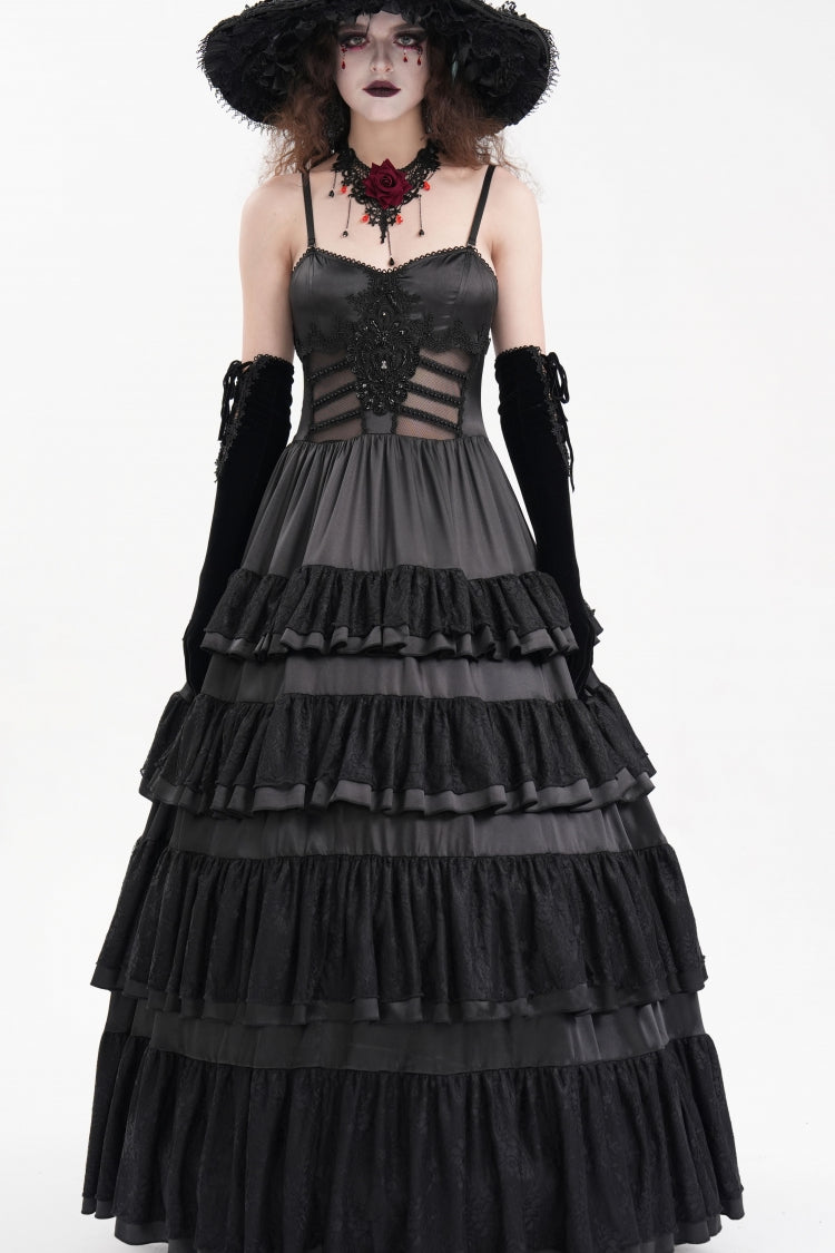 Black Multi-Layered Ruffle Lace-Up Mesh Women's Gothic Dress - Product - 2