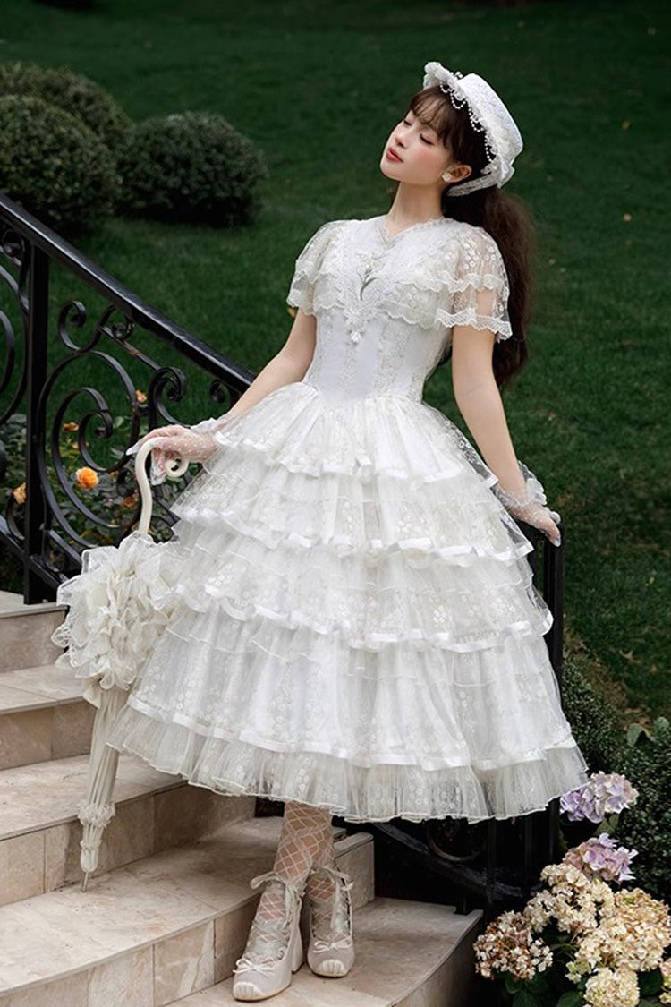 White [Morning Dew Lily] Short Sleeves Multi-Layered Ruffle Embroidery Sweet Elegant Lolita Dress - Product - 6