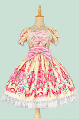 [Strawberry Chef] Short Sleeves Print Bowknot Lace Sweet Lolita Dress 4 Colors - Yellow - 13