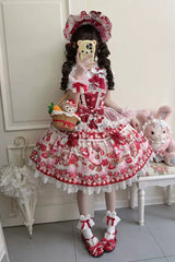 Red [Sweet Berry Bunny Bear] Printed Bow Lace Lace-Up Sweet Lolita Jsk Dress - Product - 3