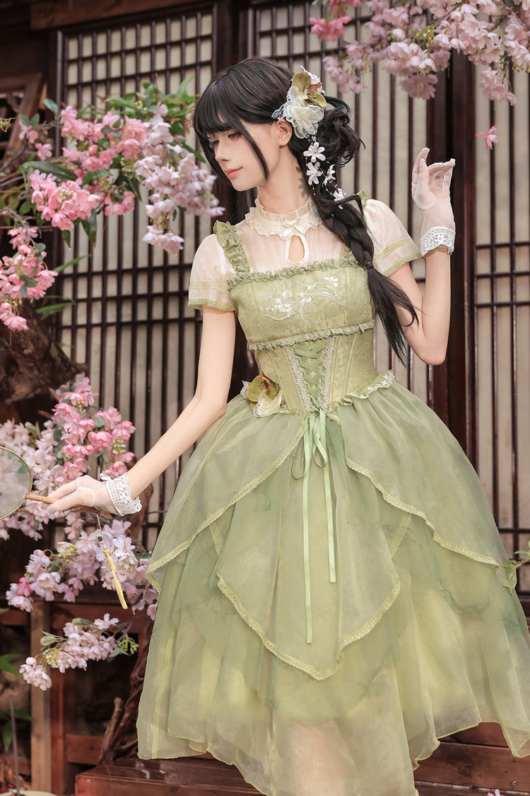 [Fragrance] Stand Collar Short Sleeves Multi-Layered Printed Ruffled Bow Lace Irregular Chinese Style Sweet Lolita Dress 2 Colors (Green, Pink) - Product - 18